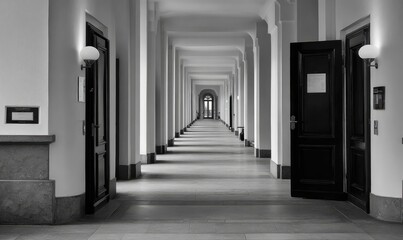 Empty, long hallway, classic architecture