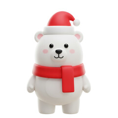Cute cartoon polar bear in christmas santa hat and red scarf for christmas and holiday season