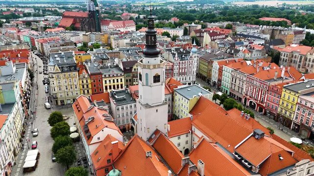 city center old town drone flight over Swidnica Poland