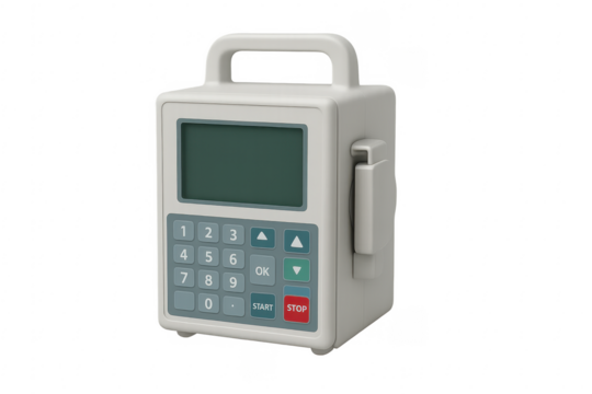 Portable infusion pump with transparent background showing start and stop buttons