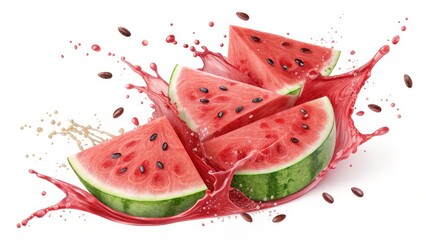 Watermelon Splash 3D Render of Four Slices in Juice, summer, refreshment Watermelon, 3D render