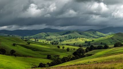 Obraz premium A panoramic landscape of rolling green hills under a stormy grey sky (3)