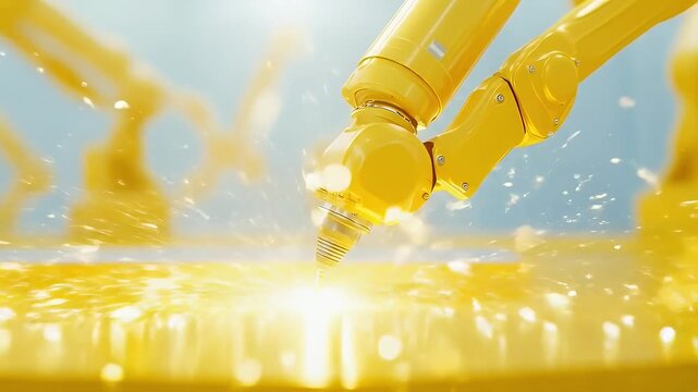 黄色のロボットアームによる金属加工のクローズアップ 未来的な製造装置 精密工学と高度なオートメーション技術が光る背景