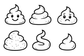 Cute kawaii poop emoji character icon set. Funny smiling and sad poo mascots. Simple black and white line art doodle vector illustration for stickers and social media.