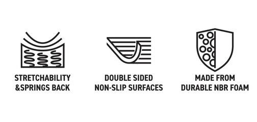 Obraz premium Yoga mat bold icons - Stretchability, Springs-Back, 2-Sided Non-slip, Durable NBR foam