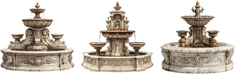 Three ornate classical stone fountains with flowing water isolated on transparent background
