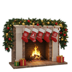 Festive christmas fireplace scene with stockings garland ornaments and a cozy fire