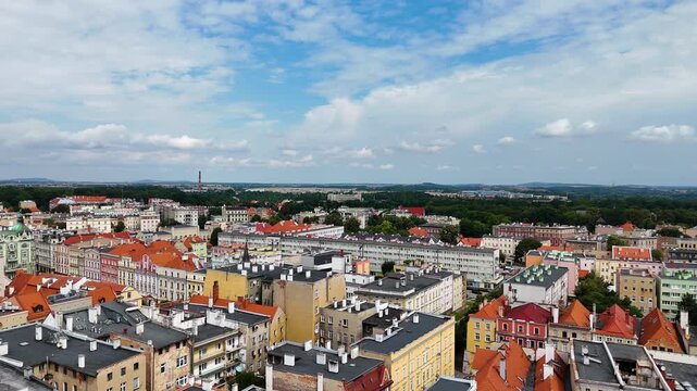 city center old town drone flight over Swidnica Poland