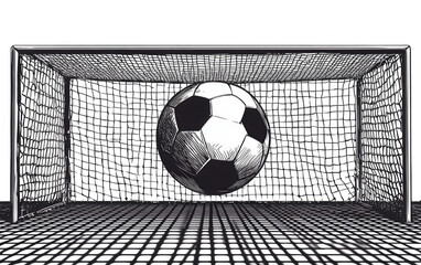 Soccer ball in the center of a goal net, black and white illustration isolated on transparent background