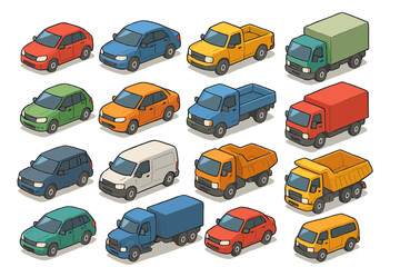 Naklejka premium Isometric vehicle collection. Colorful cartoon cars, trucks, vans. Vector transport set for infographic design. Includes SUV, pickup, sedan, lorry, dumper. Automotive icons.