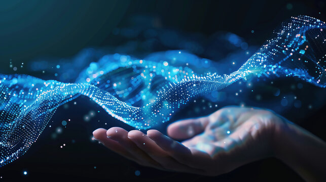 Person Presenting a Holographic Blue Data Wave