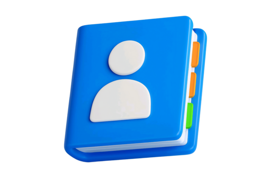 Stylized 3d illustration of a blue address book with a person icon on the cover isolated on transparent background - Powered by Adobe