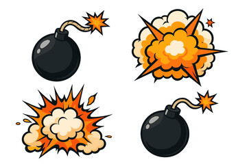 Set of cartoon bomb and explosion illustrations. Comic book style pop art vector elements. Boom and bang effects, dynamite blast with fire and smoke. Danger symbol.