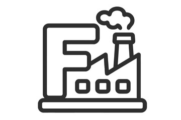 Factory logo concept with bold letter F. Industrial building icon with smokestack. Symbol of production, manufacturing, power, and pollution. Clean vector line art illustration.