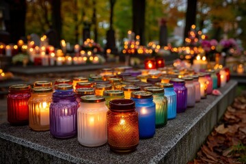 A stone ledge filled with many colorful candle jars with golden lids glowing at a cemetery at night