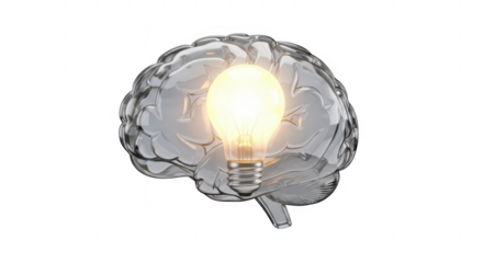3d icon of a brain with a glowing lightbulb inside, representing ideas, innovation, and intelligence, isolated on transparent background