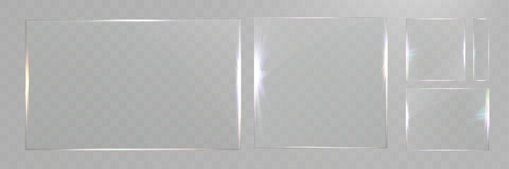 Transparent glass frame set isolated, realistic clear plastic film border, shiny glare overlay, vector template for photo decoration.
