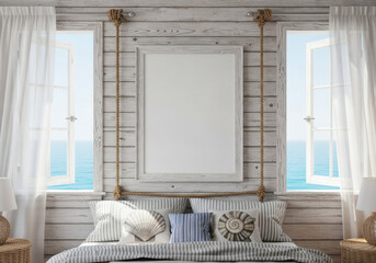 Coastal Bedroom Oasis: Nautical Decor, Ocean View, White Washed Wood Walls, Seashell Pillows, and Rope Accents