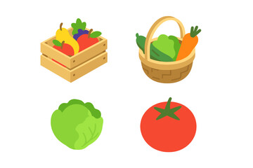 Isometric produce icon set. Vector flat design of fresh farm food. Fruit crate, vegetable basket, lettuce, tomato for grocery or market. Healthy organic food concept.