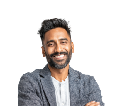 Professional smiling man portrait bright, isolated on transparent background, png