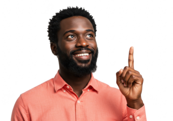 Smiling man pointing upwards with his index finger isolated on transparent background
