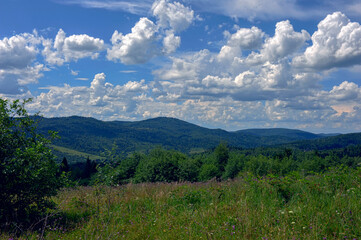 Obraz premium Top view of mountains with dark green coniferous forest landscape and meadows on sunny day. Travel concept.HDR style.