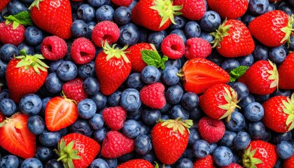 Fototapeta premium Berry Medley: A vibrant assortment of strawberries, blueberries, and raspberries creates a colorful, appetizing still life, exuding freshness and natural beauty.