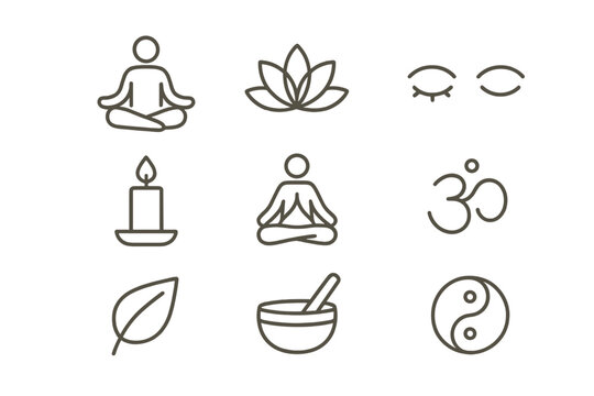 Yoga and meditation line icon set. Symbols of spirituality, tranquility, and wellness. Vector collection for mental health, zen, and harmony. Lotus, om, and yin yang.