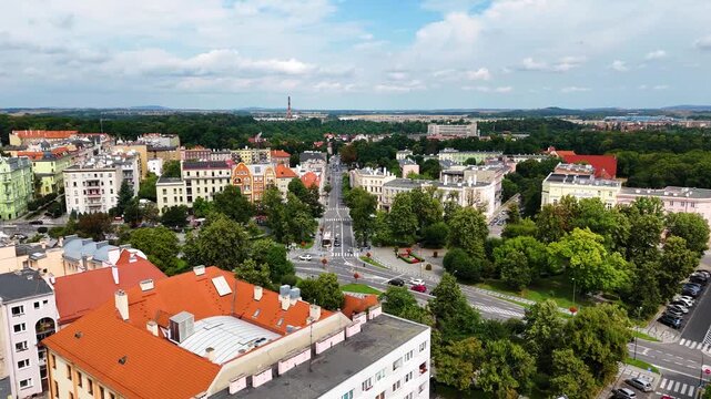 city center old town drone flight over Swidnica Poland