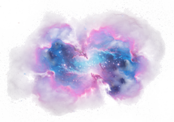 Colorful galaxy nebula with stars and cosmic dust in vibrant blue and pink isolated on transparent background