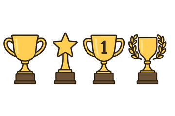 Golden trophy cup awards set. Vector icons for first place winner. Symbol of success, victory, achievement. Champion prize with star and laurel wreath. Flat cartoon.