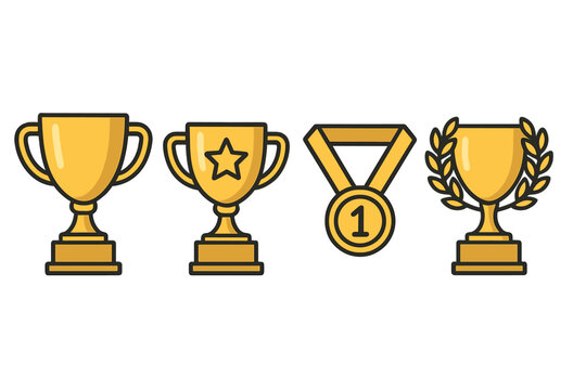 Gold trophy cup and medal award icon set. Vector cartoon illustration of prizes for achievement, success, and victory. First place champion reward for competition winner.