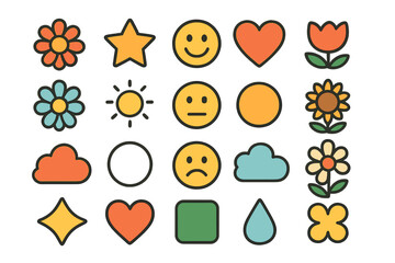 Retro groovy sticker pack with cute cartoon icons. Hippie 70s style vector set with flowers, emoji faces, hearts, sun, clouds and weather symbols. Simple flat design.