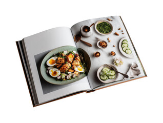 Delicious food cookbook culinary arts overhead view, isolated on transparent background, png