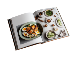 Delicious food cookbook culinary arts overhead view, isolated on transparent background, png
