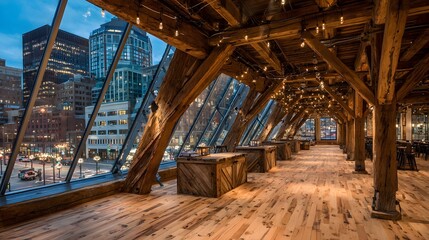 Rustic loft space with panoramic city views.