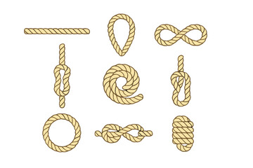 Set of rope knots. Collection of nautical, marine or sailing cord illustrations. Vector graphic of different loops, twists, and coils. Minimalist cartoon style design.