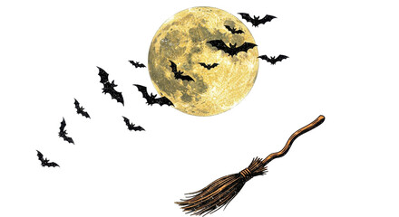A Halloween illustration featuring a full moon, a flock of bats flying, and a witch's broom.