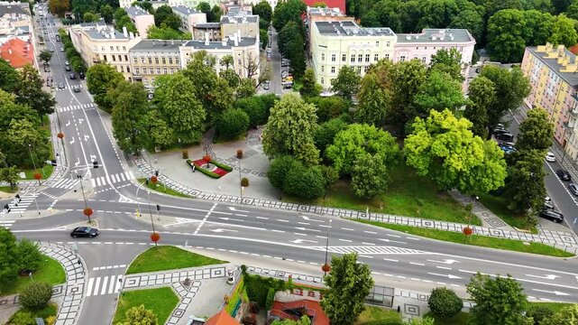 city center old town drone flight over Swidnica Poland
