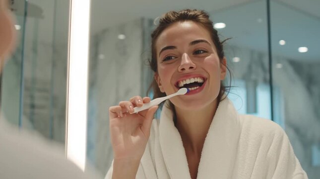 Smiling young woman in bathrobe brushing teeth in modern bathroom mirror. Concept of oral care, dental hygiene, health, beauty, wellness, morning routine, lifestyle, and personal care. Perfect for the