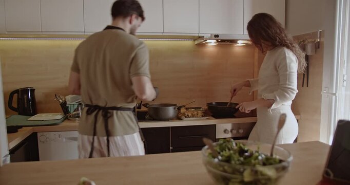 A young couple enjoys cooking and preparing a meal together in their modern kitchen. They share a moment of domestic bliss.