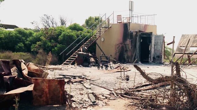 A burnt and destroyed bomb shelter at a southern Israeli kibbutz, where people must have been hiding during the attack while a massive massacre was carried out. Nir Oz, Israel.