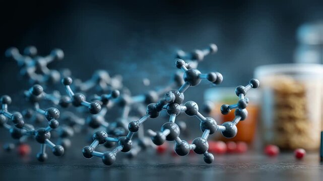 Clear focus on molecular structure icon of protein in medium shot with blurred fitness tracker and meal prep containers behind debunking myths about protein timing and muscle gain.