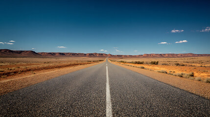 Fototapeta premium An open road leading towards a desert horizon under a clear, blue sky (1)