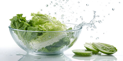Obraz premium Glass bowl of lettuce with water splashes isolated on transparent background 