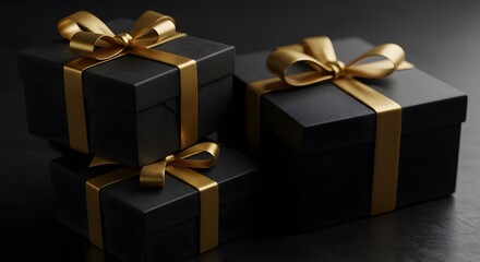 Black Gift Boxes with Gold Ribbons Stacked on Dark Background