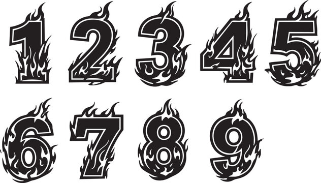 Bold black flame numbers set, 1 to 9, stylized in a modern tattoo-inspired vector design. Each number is decorated with dynamic flame elements, creating a striking, high-contrast appearance perfect fo
