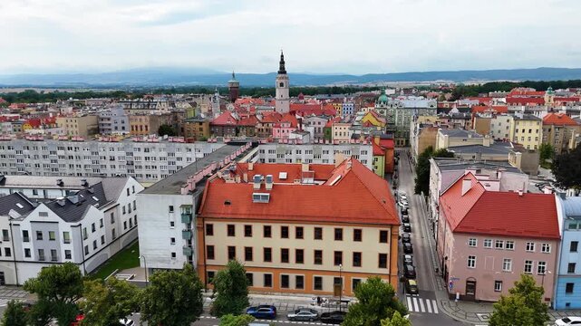 city center old town drone flight over Swidnica Poland