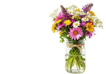 Colorful wildflower bouquet in a mason jar isolated on transparent background
