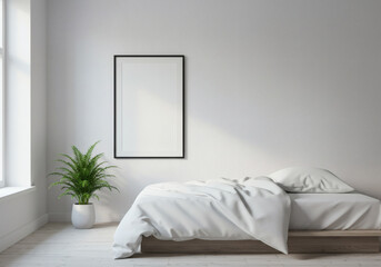 Minimalist Bedroom with White Bedding, Plant, and Blank Frame on a Light Wall - Modern Interior Design